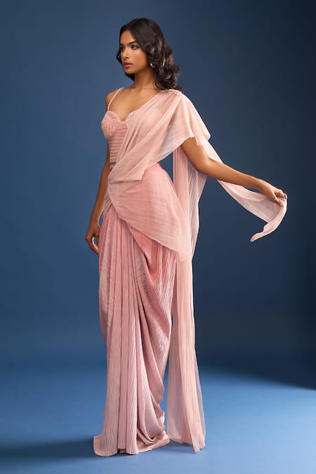 Buy_Tarun Tahiliani_Pink Tulle Sequins, Crystals Sweetheart Neck Crinkle Draped Saree And Blouse 