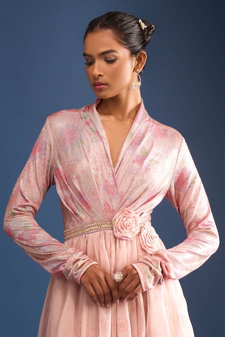 Tarun Tahiliani_Pink Satin, Organza, Net Embroidery V-neck Hand-painted Anarkali And Churidar Set _Online_at_Aza_Fashions