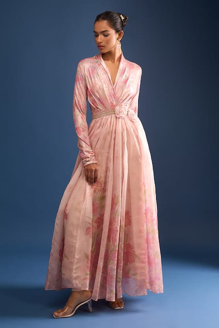 Buy_Tarun Tahiliani_Pink Satin, Organza, Net Embroidery V-neck Hand-painted Anarkali And Churidar Set _Online_at_Aza_Fashions