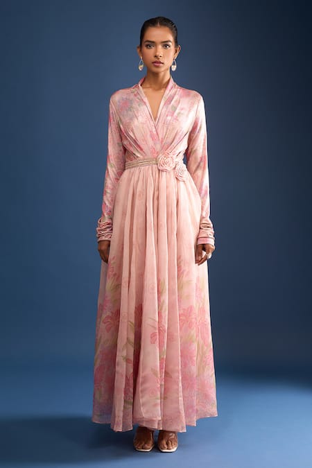 Shop_Tarun Tahiliani_Pink Satin, Organza, Net Embroidery V-neck Hand-painted Anarkali And Churidar Set _Online_at_Aza_Fashions