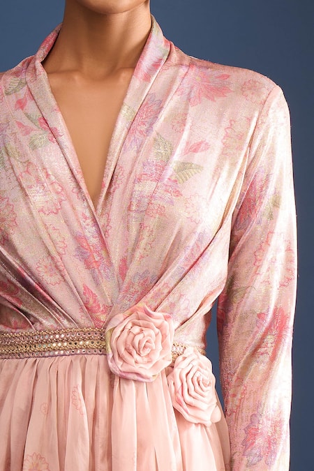 Tarun Tahiliani_Pink Satin, Organza, Net Embroidery V-neck Hand-painted Anarkali And Churidar Set _at_Aza_Fashions