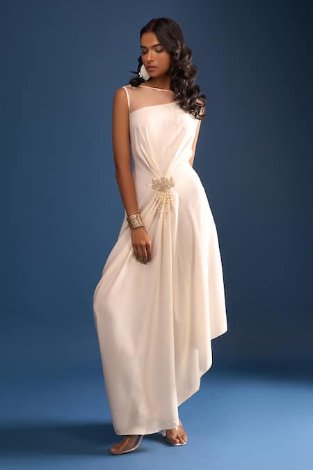 Tarun Tahiliani Ivory Beads Placement Embroidered Draped Dress Online at Aza Fashions Tarun Tahiliani_Ivory Beads Placement Embroidered Draped Dress _Online_at_Aza_Fashions