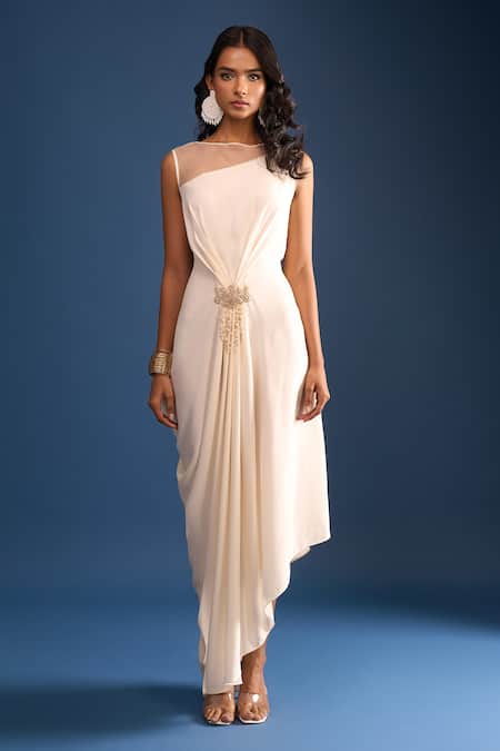 Shop Tarun Tahiliani Ivory Beads Placement Embroidered Draped Dress Online at Aza Fashions Shop_Tarun Tahiliani_Ivory Beads Placement Embroidered Draped Dress _Online_at_Aza_Fashions