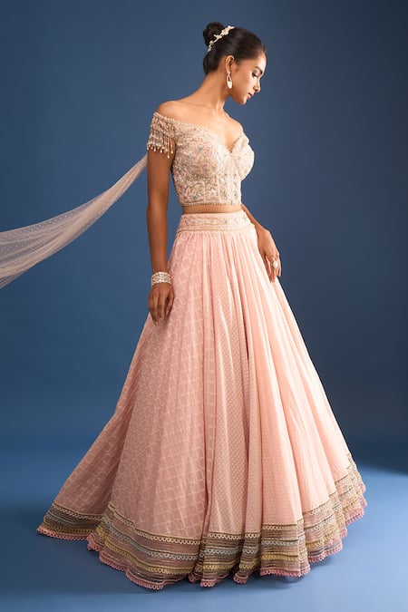 Tarun Tahiliani_Pink Embroidery Off-shoulder Blush Corset Lehenga Set _Online_at_Aza_Fashions