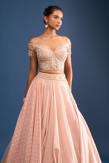 Buy_Tarun Tahiliani_Pink Embroidery Off-shoulder Blush Corset Lehenga Set _Online_at_Aza_Fashions