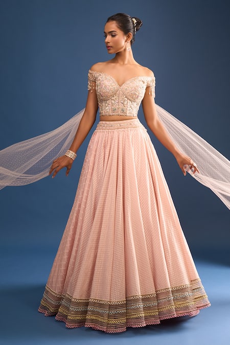 Shop_Tarun Tahiliani_Pink Embroidery Off-shoulder Blush Corset Lehenga Set _Online_at_Aza_Fashions