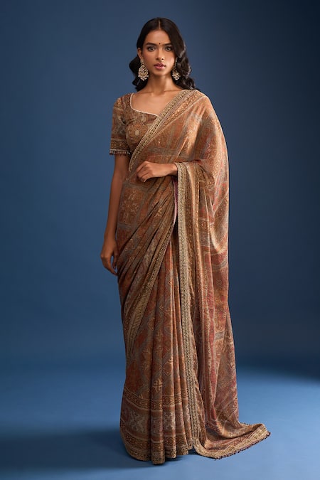 Shop_Tarun Tahiliani_Multi Color Embroidery V-neck Printed Saree And Blouse Set _Online_at_Aza_Fashions