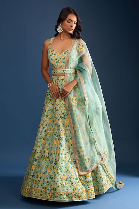 Shyam Narayan Prasad_Green Silk, Chiffon Embroidery Round Neck Floral Print Sea Lehenga Set _Online_at_Aza_Fashions