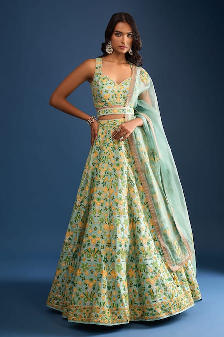 Shyam Narayan Prasad Floral Print Sea Green Lehenga Set 
