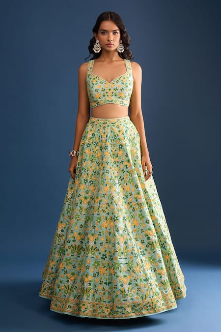 Buy_Shyam Narayan Prasad_Green Silk, Chiffon Embroidery Round Neck Floral Print Sea Lehenga Set _Online_at_Aza_Fashions