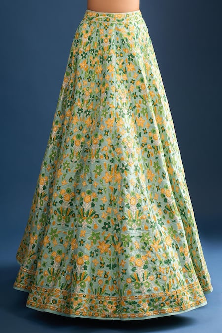 Shyam Narayan Prasad_Green Silk, Chiffon Embroidery Round Neck Floral Print Sea Lehenga Set _at_Aza_Fashions