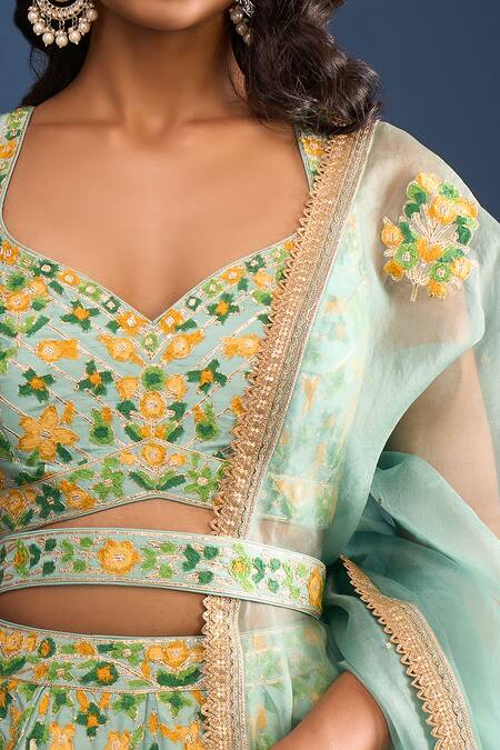 Buy_Shyam Narayan Prasad_Green Silk, Chiffon Embroidery Round Neck Floral Print Sea Lehenga Set 
