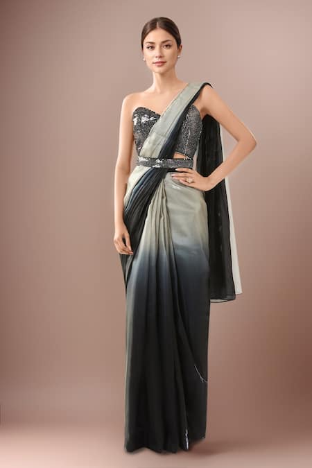 Samyukta Singhania Black Grey Satin Pre-Draped Saree Set 