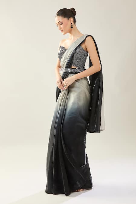 Buy_Samyukta Singhania_Black Satin Sequins Sweetheart Neck Grey Pre-draped Saree Set 