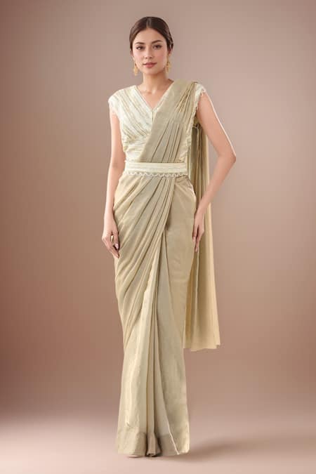 Samyukta Singhania Beige Embellished Pre-Draped Saree Set 