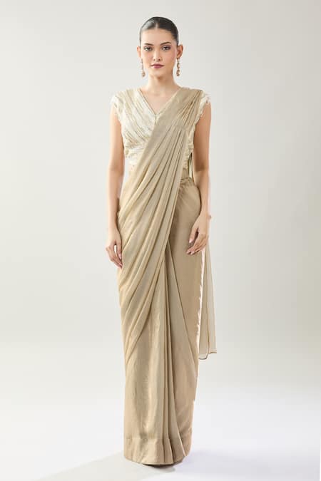 Samyukta Singhania_Beige Chinon Beads V-neck Embellished Pre-draped Saree Set _Online_at_Aza_Fashions