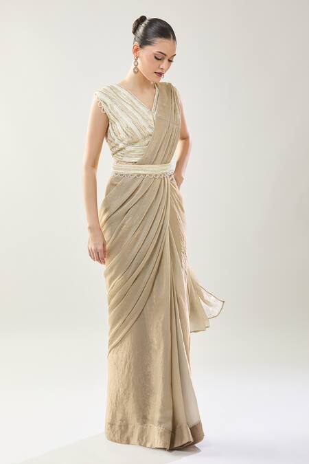 Shop_Samyukta Singhania_Beige Chinon Beads V-neck Embellished Pre-draped Saree Set _Online_at_Aza_Fashions