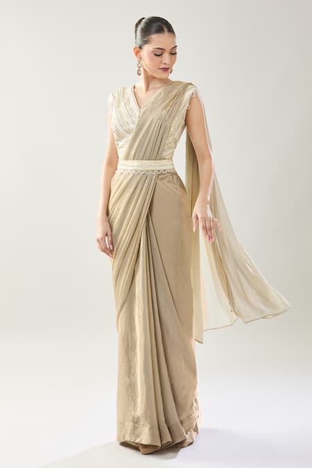 Buy_Samyukta Singhania_Beige Chinon Beads V-neck Embellished Pre-draped Saree Set 