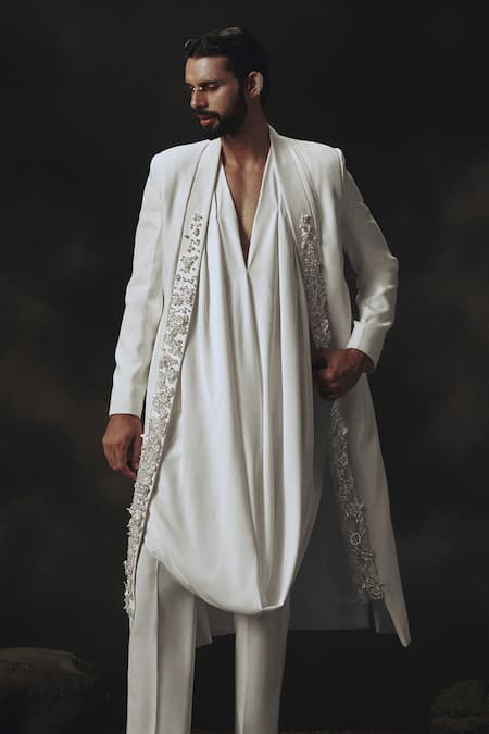Nikhil Thampi_White Crepe Embroidery 3d Floral Sherwani Set _Online_at_Aza_Fashions