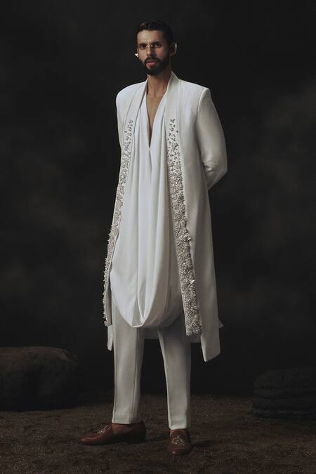 Buy_Nikhil Thampi_White Crepe Embroidery 3d Floral Sherwani Set _Online_at_Aza_Fashions