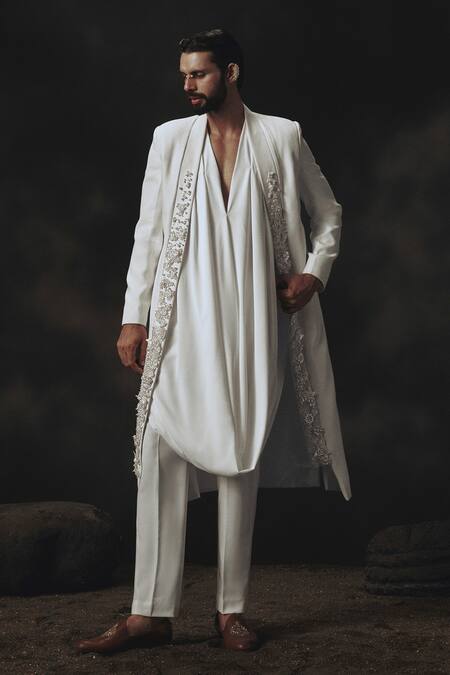 Nikhil Thampi White Crepe Embroidery 3d Floral Sherwani Set 