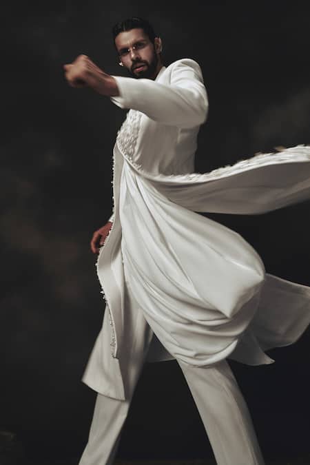 Shop_Nikhil Thampi_White Crepe Embroidery 3d Floral Sherwani Set _Online_at_Aza_Fashions