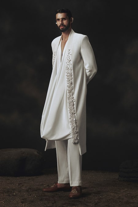 Nikhil Thampi_White Crepe Embroidery 3d Floral Sherwani Set _at_Aza_Fashions