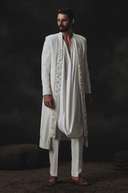Nikhil Thampi White 3D Floral Embroidered Sherwani Set 