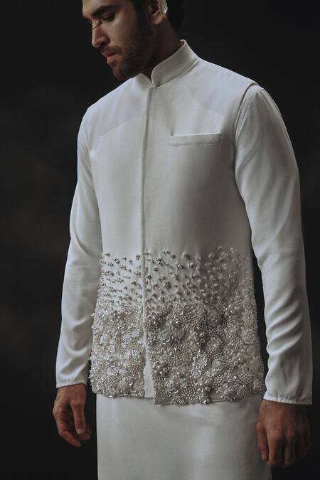 Nikhil Thampi_White Crepe Fabric Flowers, Embroidery Designer Nehru Jacket Set _Online_at_Aza_Fashions