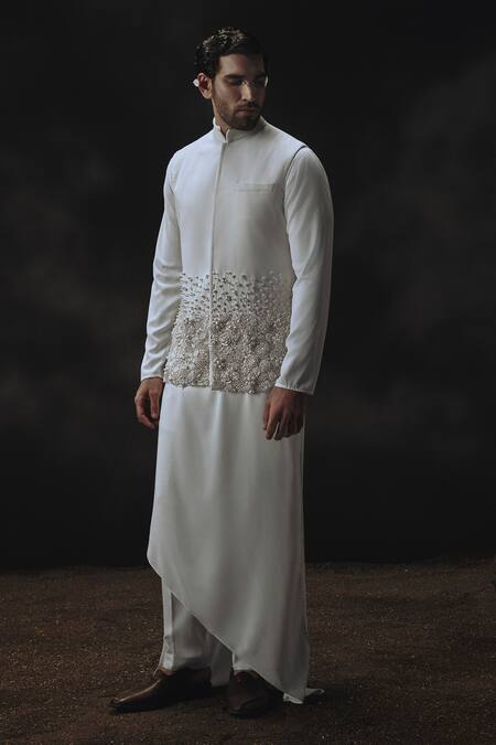 Buy_Nikhil Thampi_White Crepe Fabric Flowers, Embroidery Designer Nehru Jacket Set _Online_at_Aza_Fashions