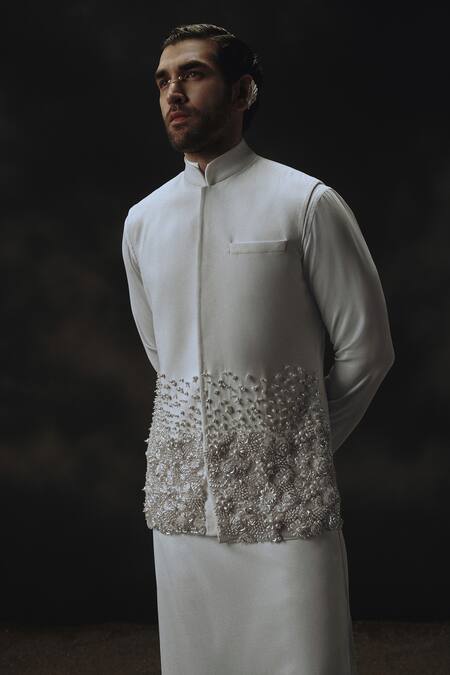 Nikhil Thampi_White Crepe Fabric Flowers, Embroidery Designer Nehru Jacket Set _at_Aza_Fashions