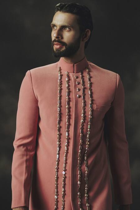 Nikhil Thampi_Pink Linen Beads, Embroidery Designer Sherwani Set _Online_at_Aza_Fashions