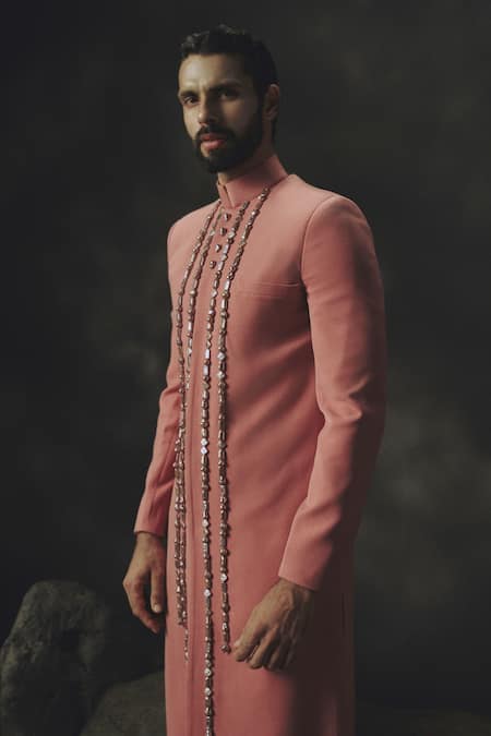 Buy_Nikhil Thampi_Pink Linen Beads, Embroidery Designer Sherwani Set _Online_at_Aza_Fashions