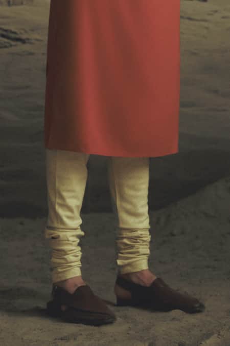 Nikhil Thampi_Orange Velvet, Voile Embroidery Rust Metallic Bead Sherwani Set _Online_at_Aza_Fashions