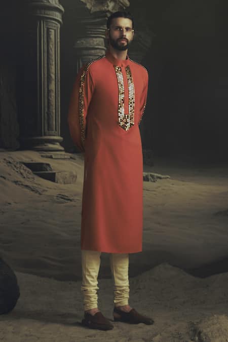 Nikhil Thampi Rust Metallic Bead Embroidered Sherwani Set 
