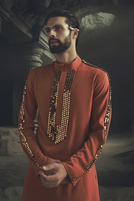 Nikhil Thampi Rust Metallic Bead Embroidered Sherwani Set 