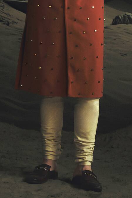 Nikhil Thampi_Rust Embroidery Metallic Bead Sherwani Set _Online_at_Aza_Fashions