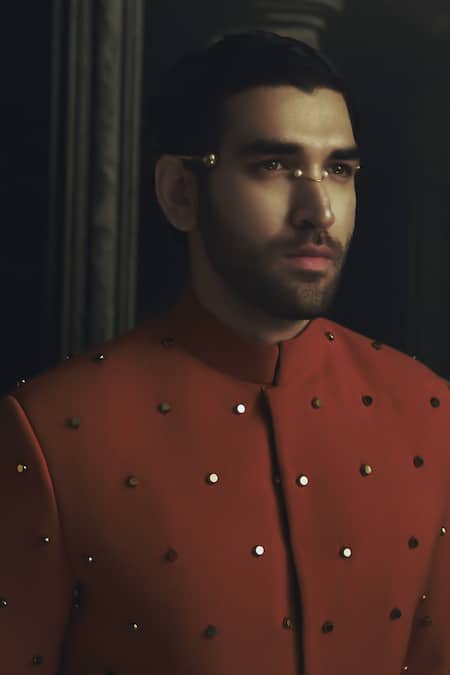 Nikhil Thampi Rust Metallic Bead Embroidered Sherwani Set 