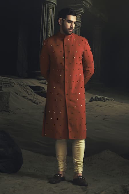 Nikhil Thampi Rust Metallic Bead Embroidered Sherwani Set 