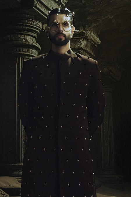 Nikhil Thampi Cocoa Brown Gold Embroidered Sherwani Set 
