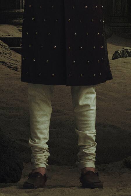 Nikhil Thampi_Brown Linen Embroidery Cocoa Gold Sherwani Set _Online_at_Aza_Fashions