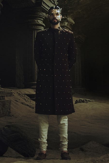 Nikhil Thampi Brown Linen Embroidery Cocoa Gold Sherwani Set 