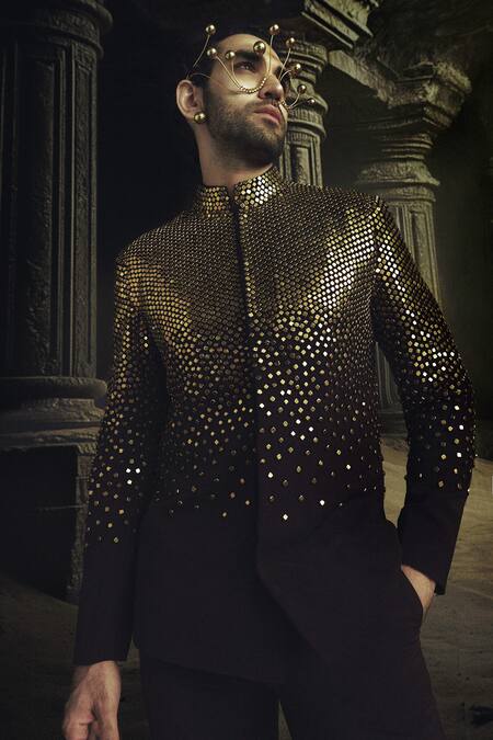 Buy_Nikhil Thampi_Brown Beads Cocoa Gold Embroidered Bandhgala Set _Online_at_Aza_Fashions