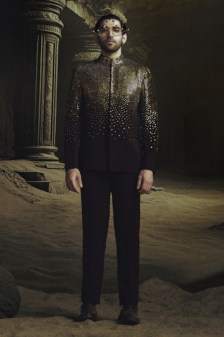 Nikhil Thampi Brown Beads Cocoa Gold Embroidered Bandhgala Set 