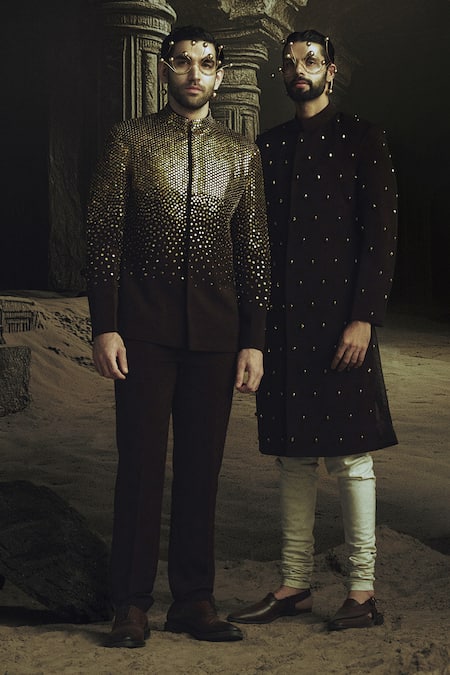 Nikhil Thampi Cocoa Brown Gold Embroidered Bandhgala Set 