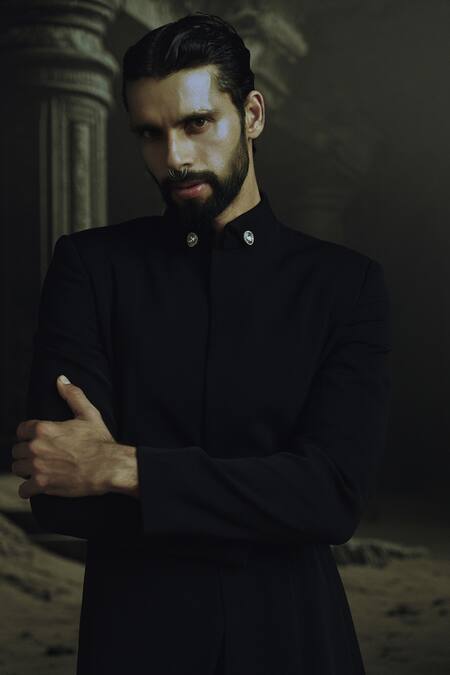 Nikhil Thampi Black Kundan Embellished Bandhgala Set 