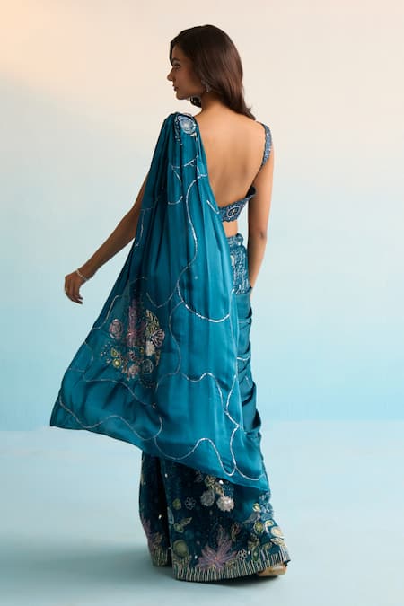 Shop House Of Armuse Teal Organza, Satin, Georgette Sequins Scoop Neck Blue Pre-draped Saree at Aza Fashions Shop_House Of Armuse_Teal Organza, Satin, Georgette Sequins Scoop Neck Blue Pre-draped Saree _at_Aza_Fashions