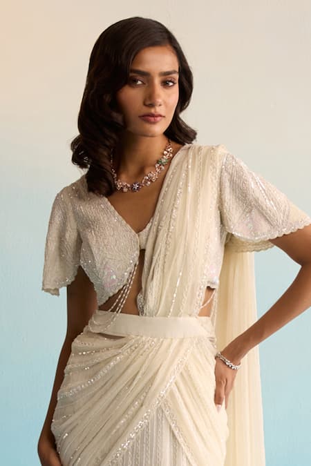House Of Armuse_Ivory Organza, Satin Cut Work, Sequins V-neck Pre-draped Saree And Blouse Set _Online_at_Aza_Fashions