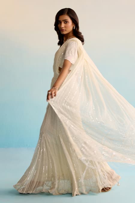 Shop_House Of Armuse_Ivory Organza, Satin Cut Work, Sequins V-neck Pre-draped Saree And Blouse Set _at_Aza_Fashions