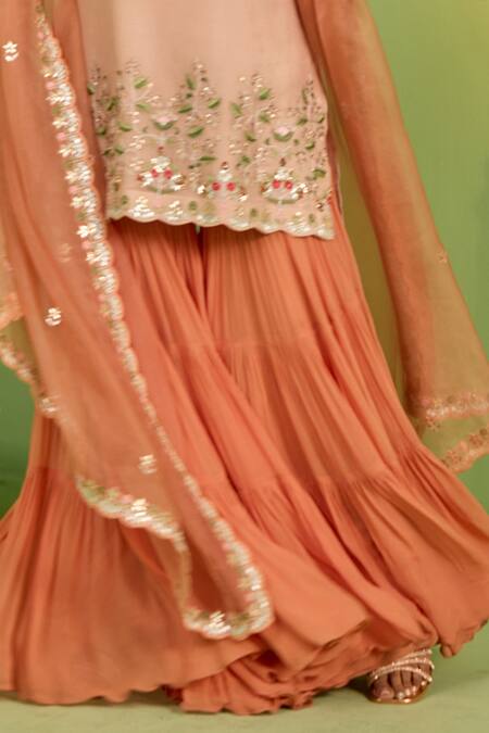 Buy_House Of Armuse_Peach Organza, Georgette Gota Patti, Embroidery, Sequins Mandarin Sharara Set _Online_at_Aza_Fashions